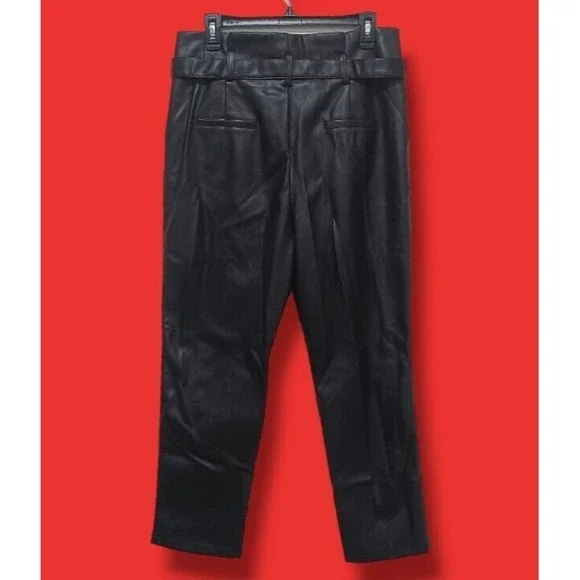 Lucy Paris Belted Paper Bag Waist Black Faux Leather High Rise Womens Sz L Pant - Picture 7 of 16
